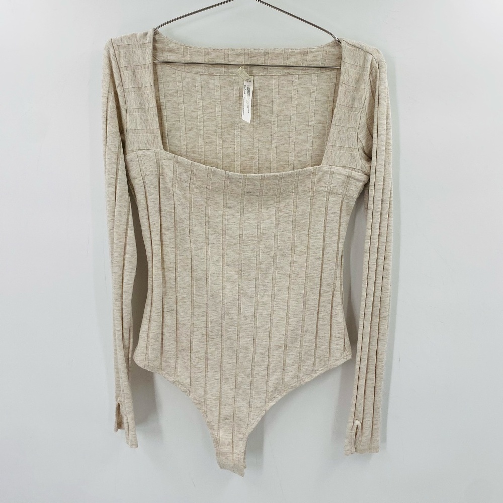 Free People Intimately Free Square Neck Long Sleeve Bodysuit Beige Size Medium